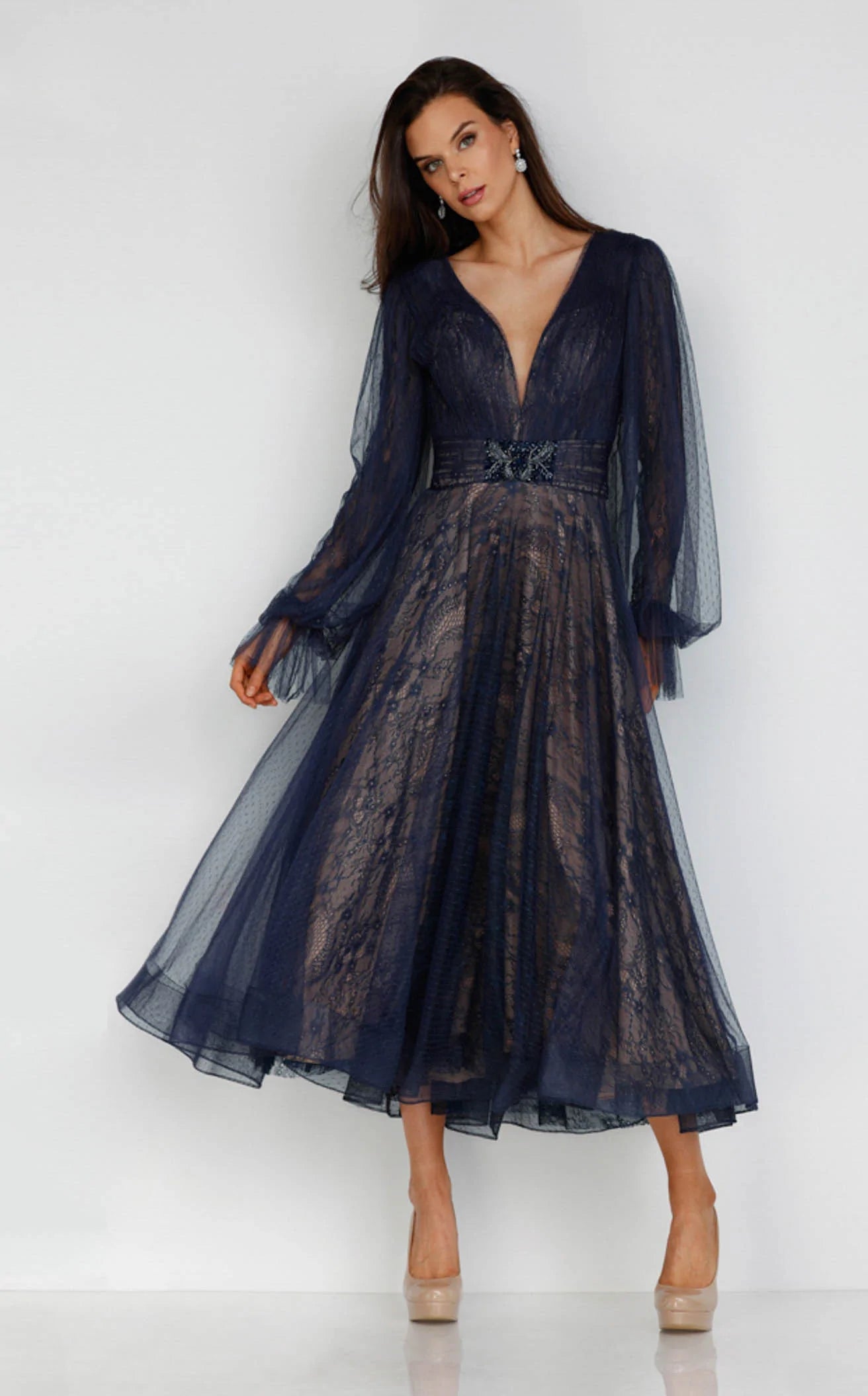 Cocktail Dresses Short Cocktail Long Sleeve Tea Length Dress Navy Nude