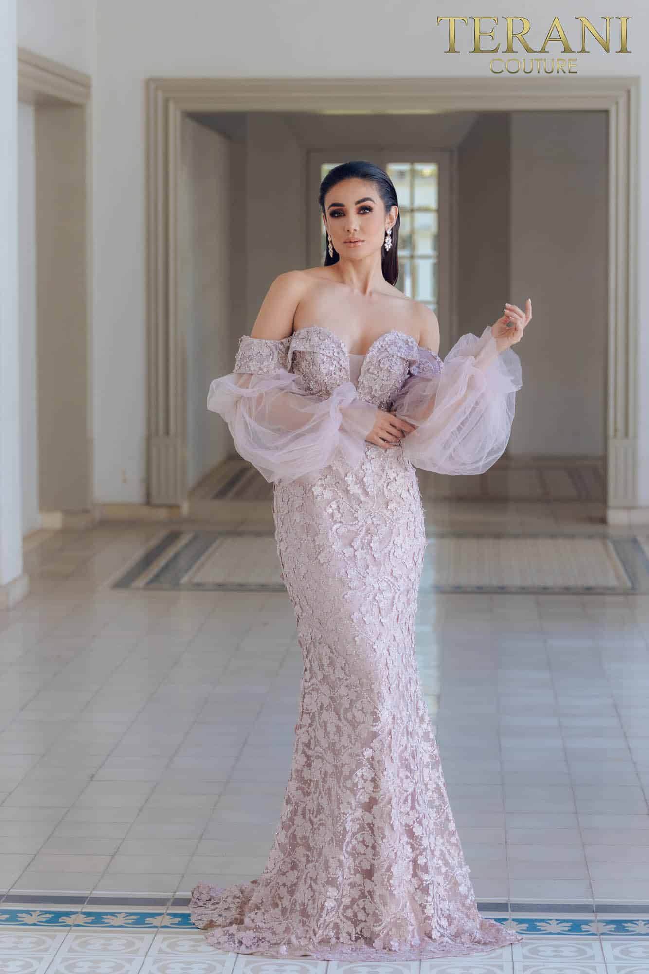 Formal Dresses Long Sleeve Prom Formal Floral Beaded Dress Blush