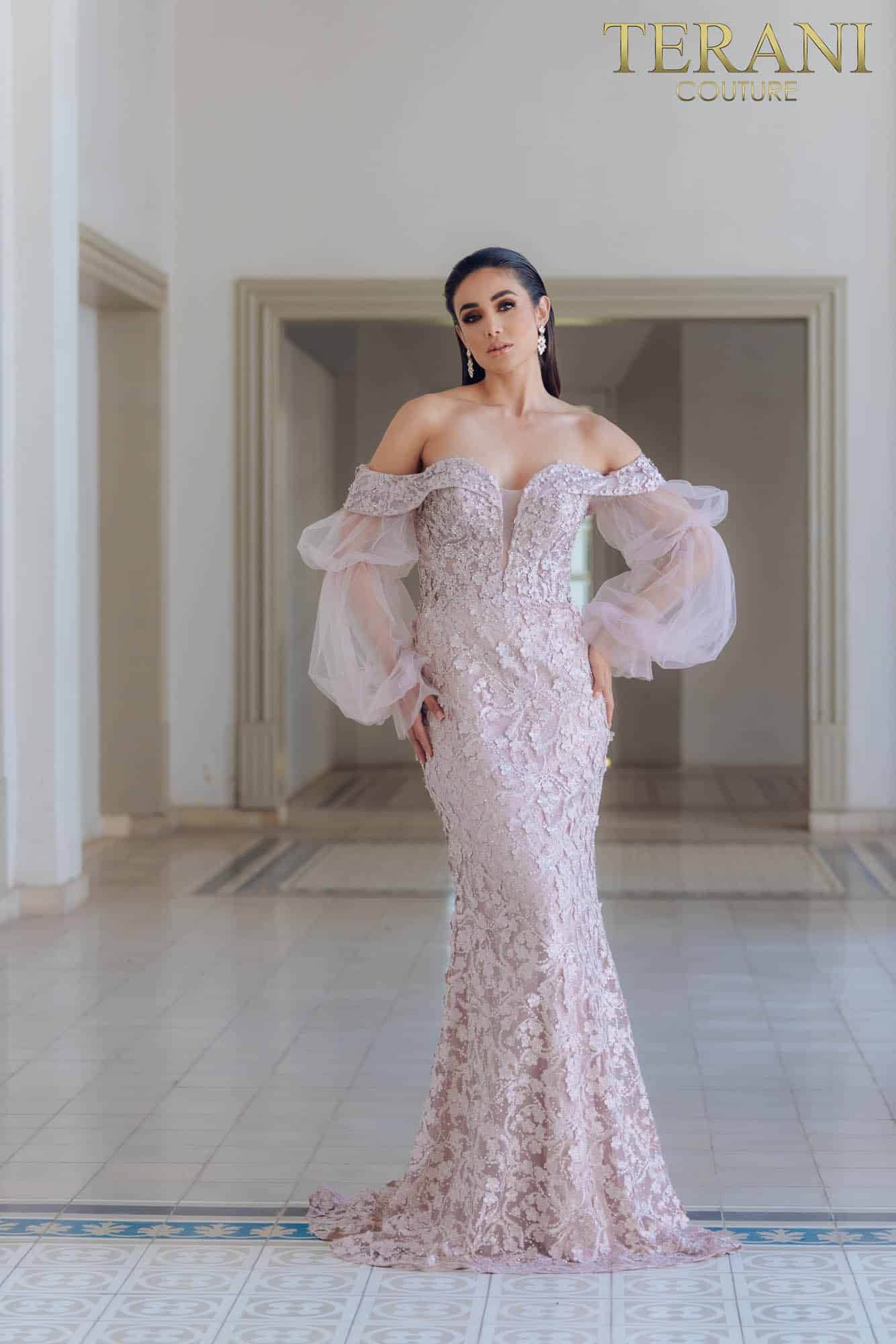 Formal Dresses Long Sleeve Prom Formal Floral Beaded Dress Blush
