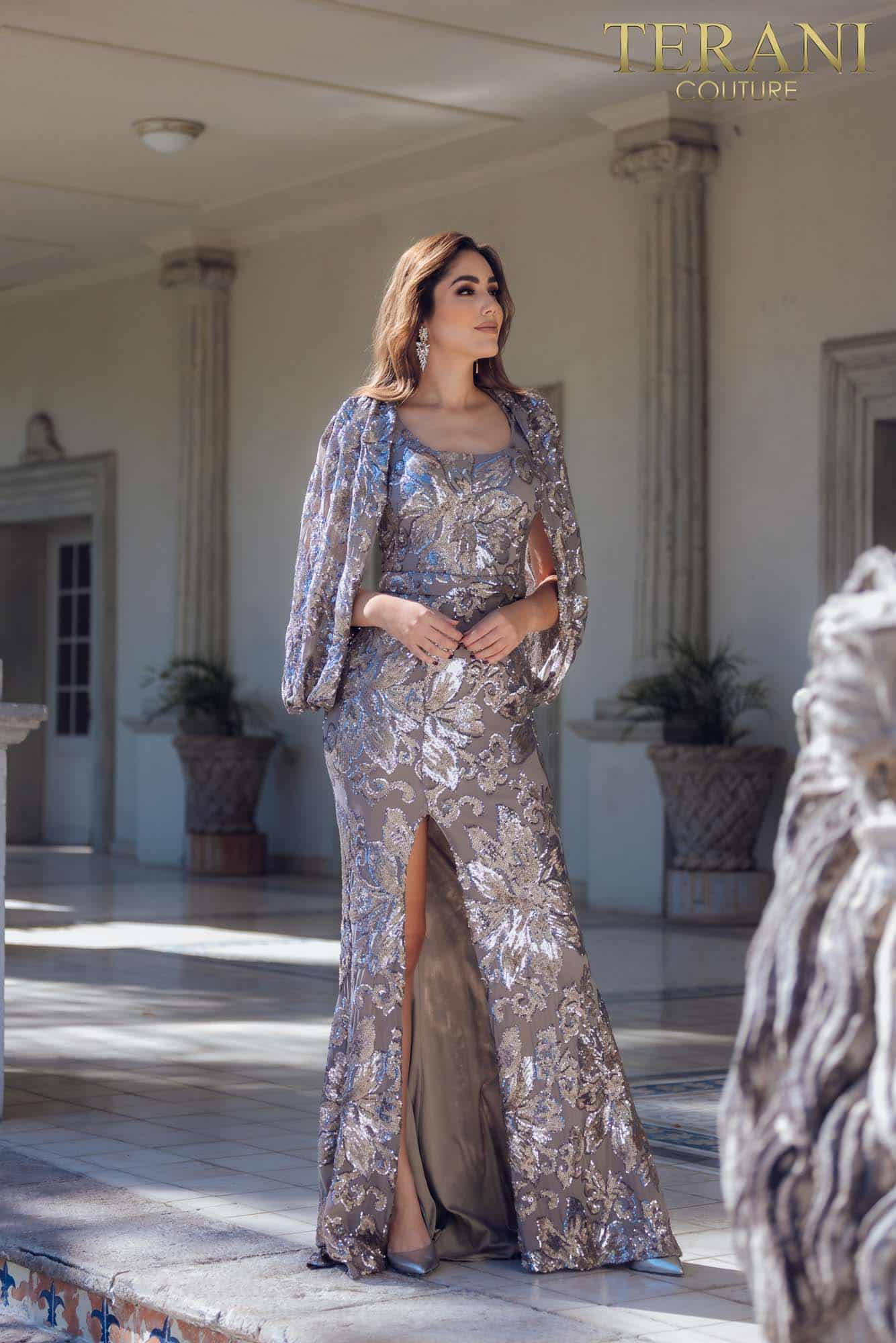 Mother of the Bride Dresses Long Sequin Mother of the Bride Cape Dress Taupe Silver