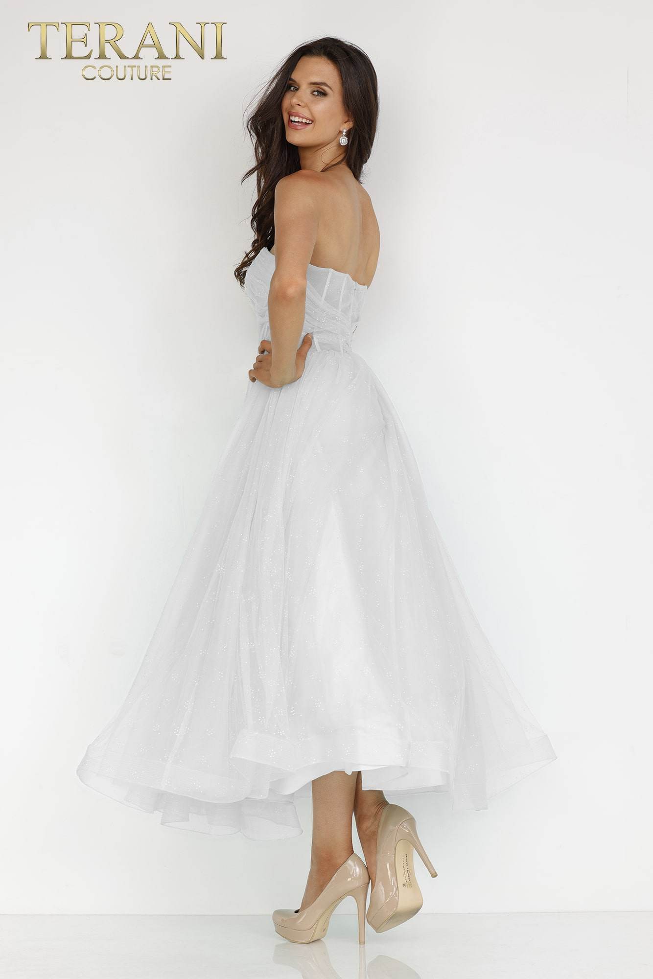 Terani Couture 231P0534 A Line Long Corset Tea Length Wedding Dress