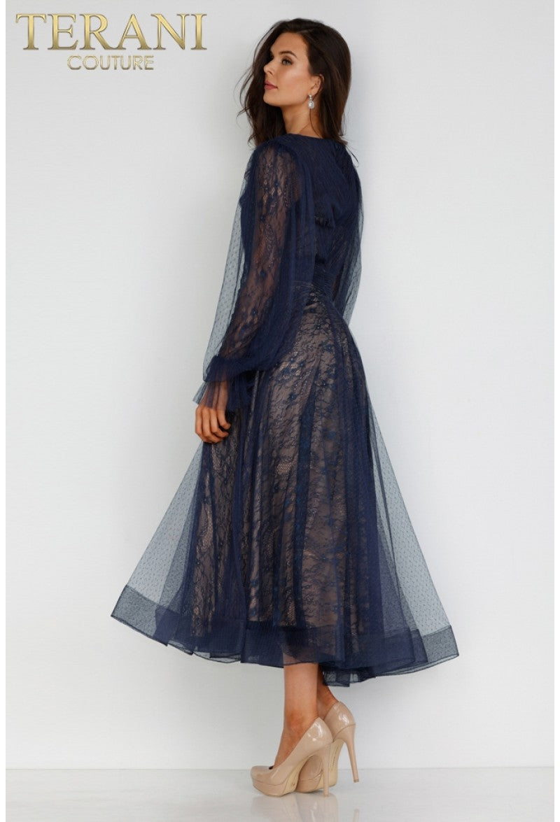Terani Couture 231C0224 Long Sleeve Tea Length Cocktail Dress