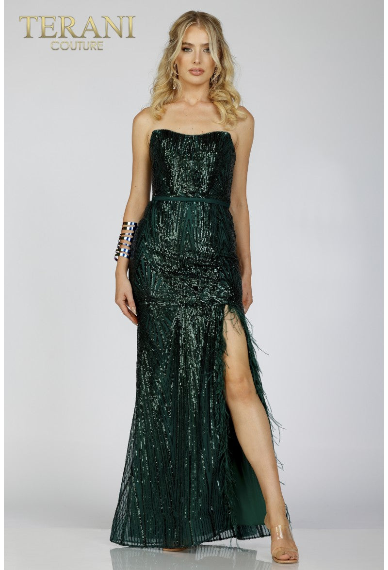 Prom Dresses Long Formal Prom Sequin Feather Dress Emerald