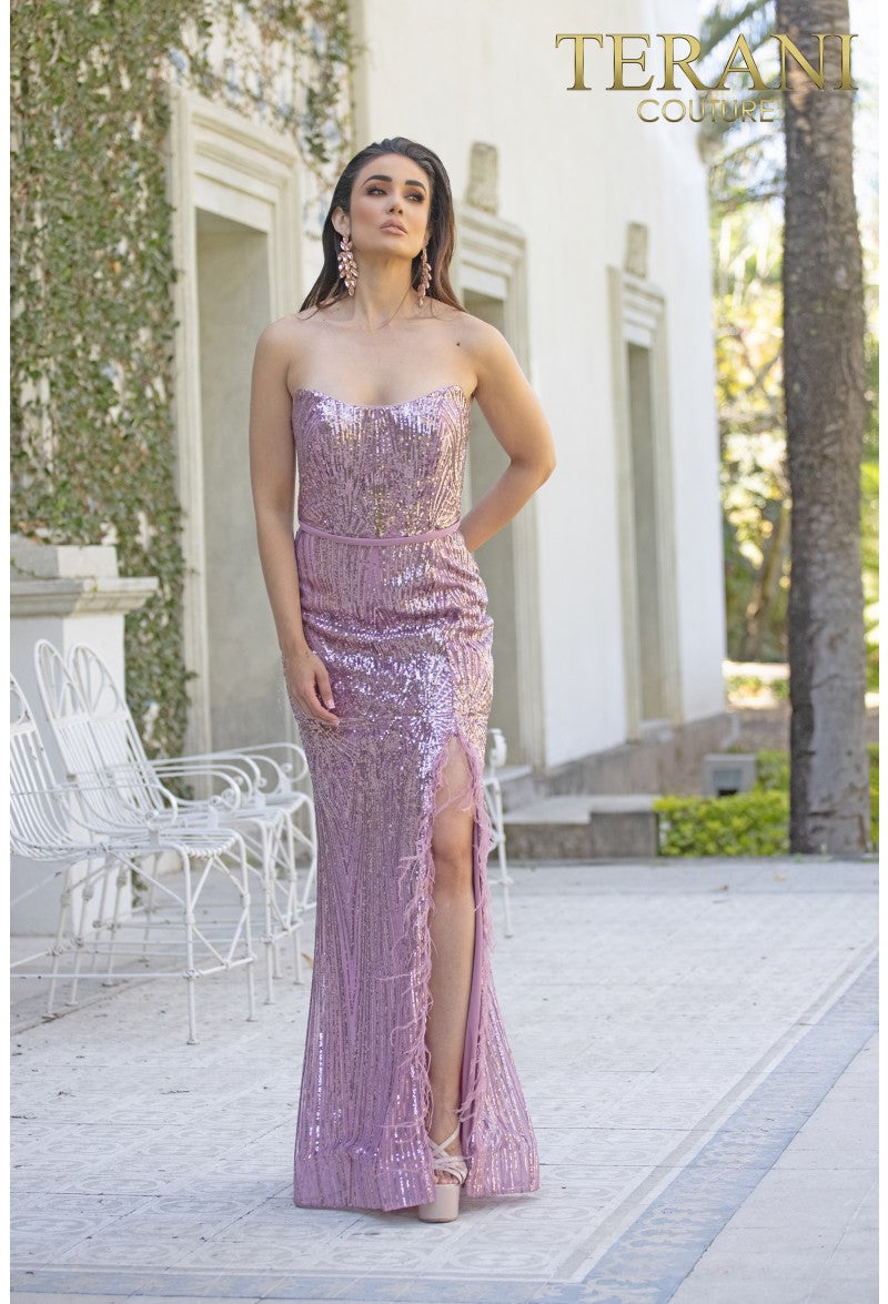 Prom Dresses Long Formal Prom Sequin Feather Dress Blush