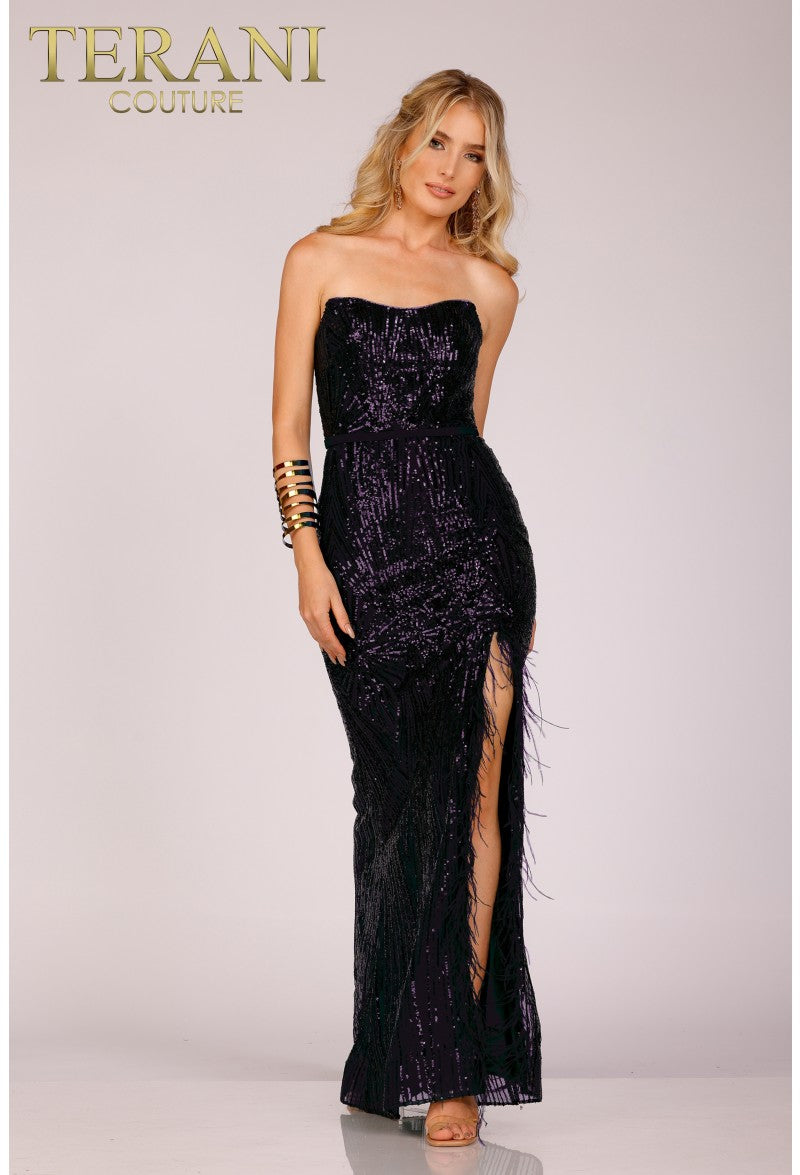 Terani Couture 231P0030 Long Formal Prom Sequin Feather Dress