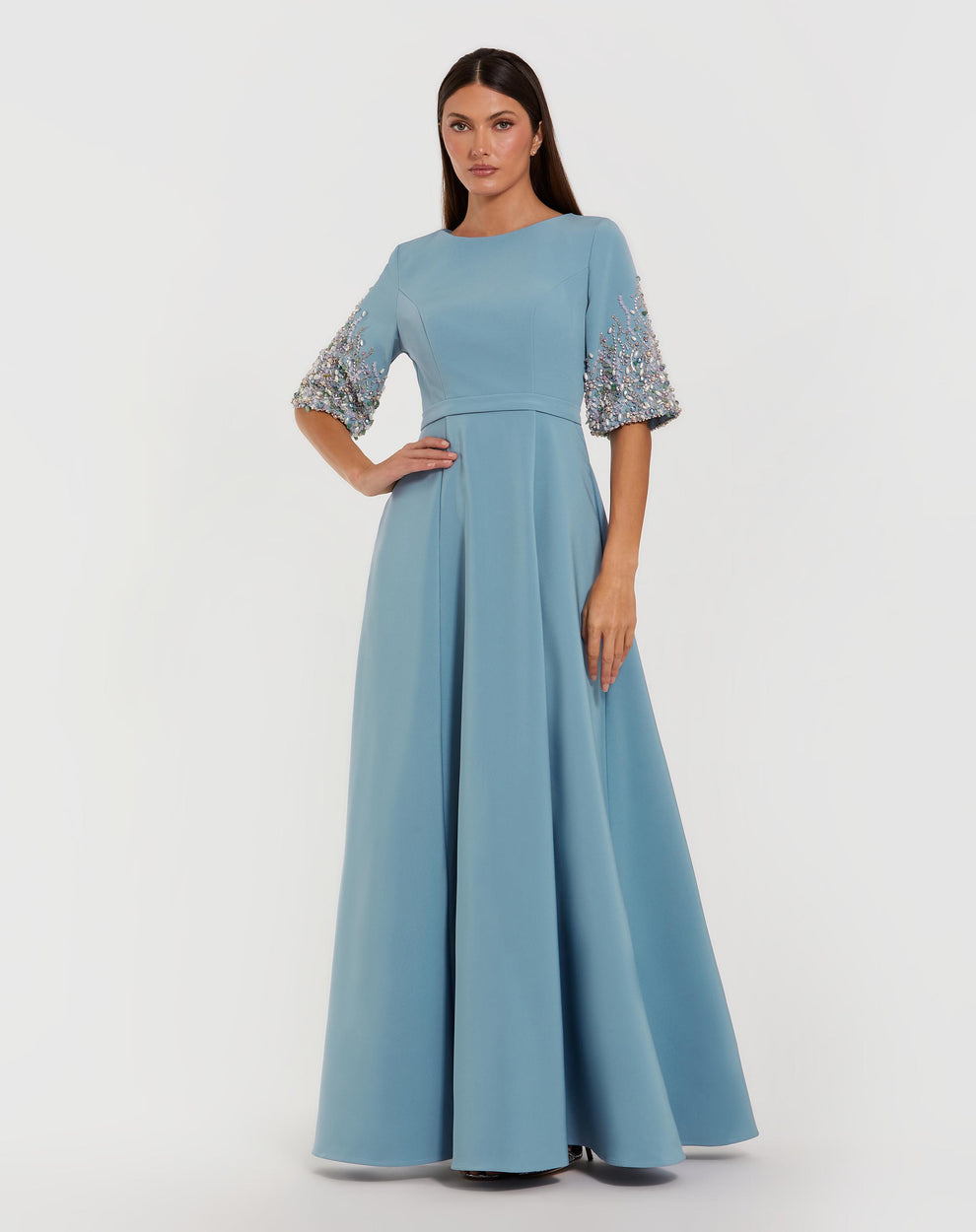 Mac Duggal 3/4 Sleeve Crepe Gown With Embellishments