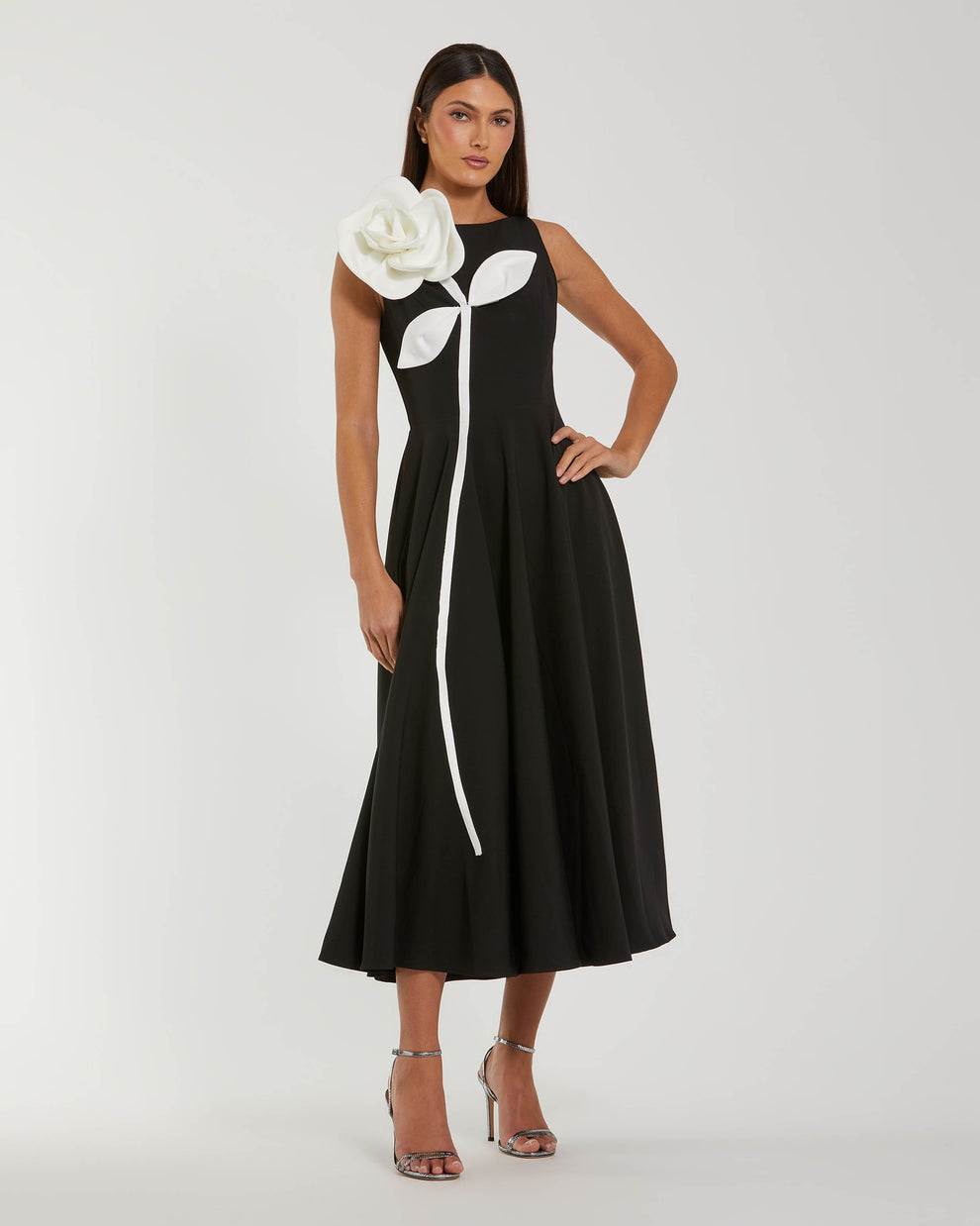 Cocktail Dresses 3D Floral Applique Midi A Line Cocktail Dress Mac Duggal 2329 Black Ivory