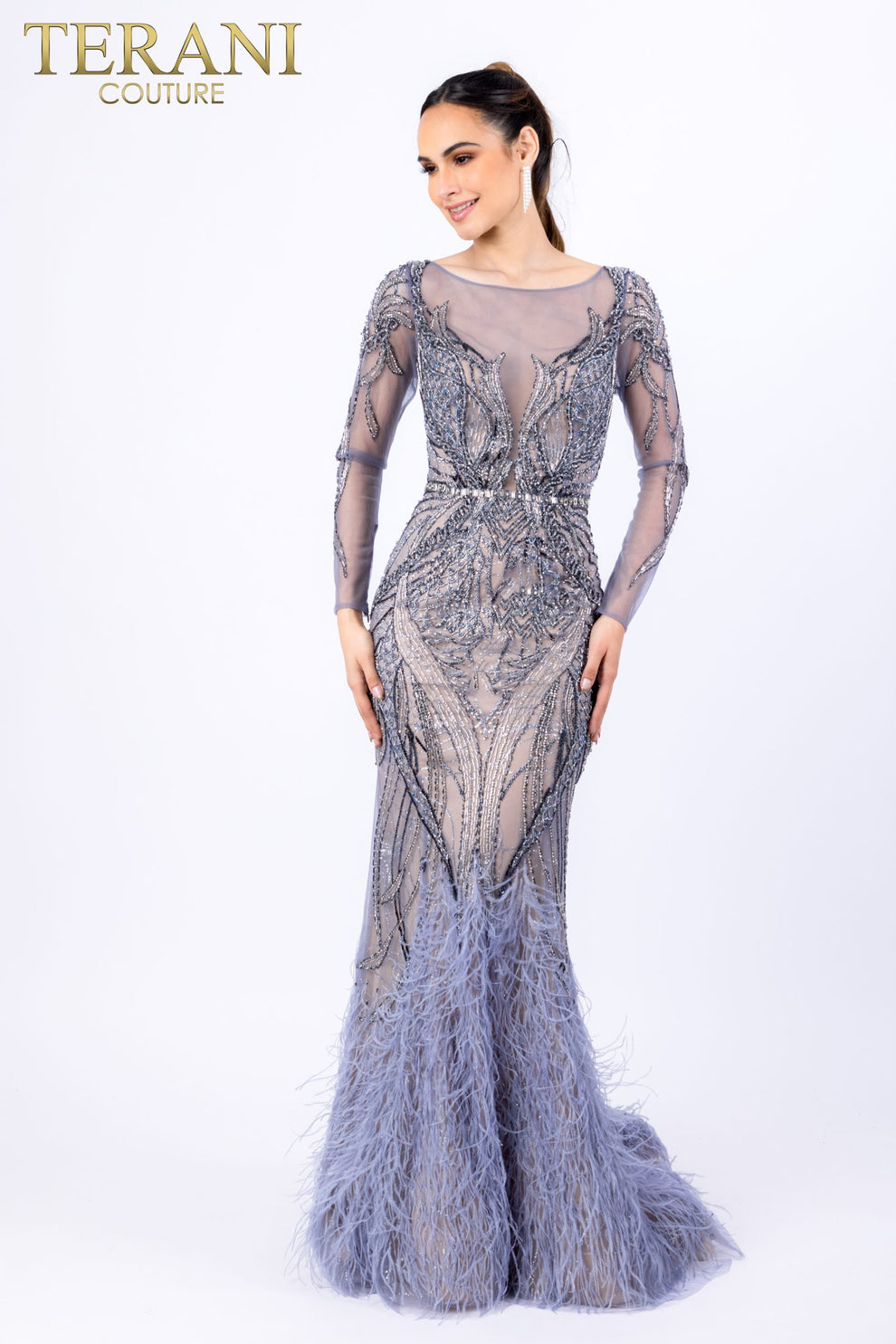 Prom Dresses Long Sleeve Beaded Formal Prom Feather Dress Slate