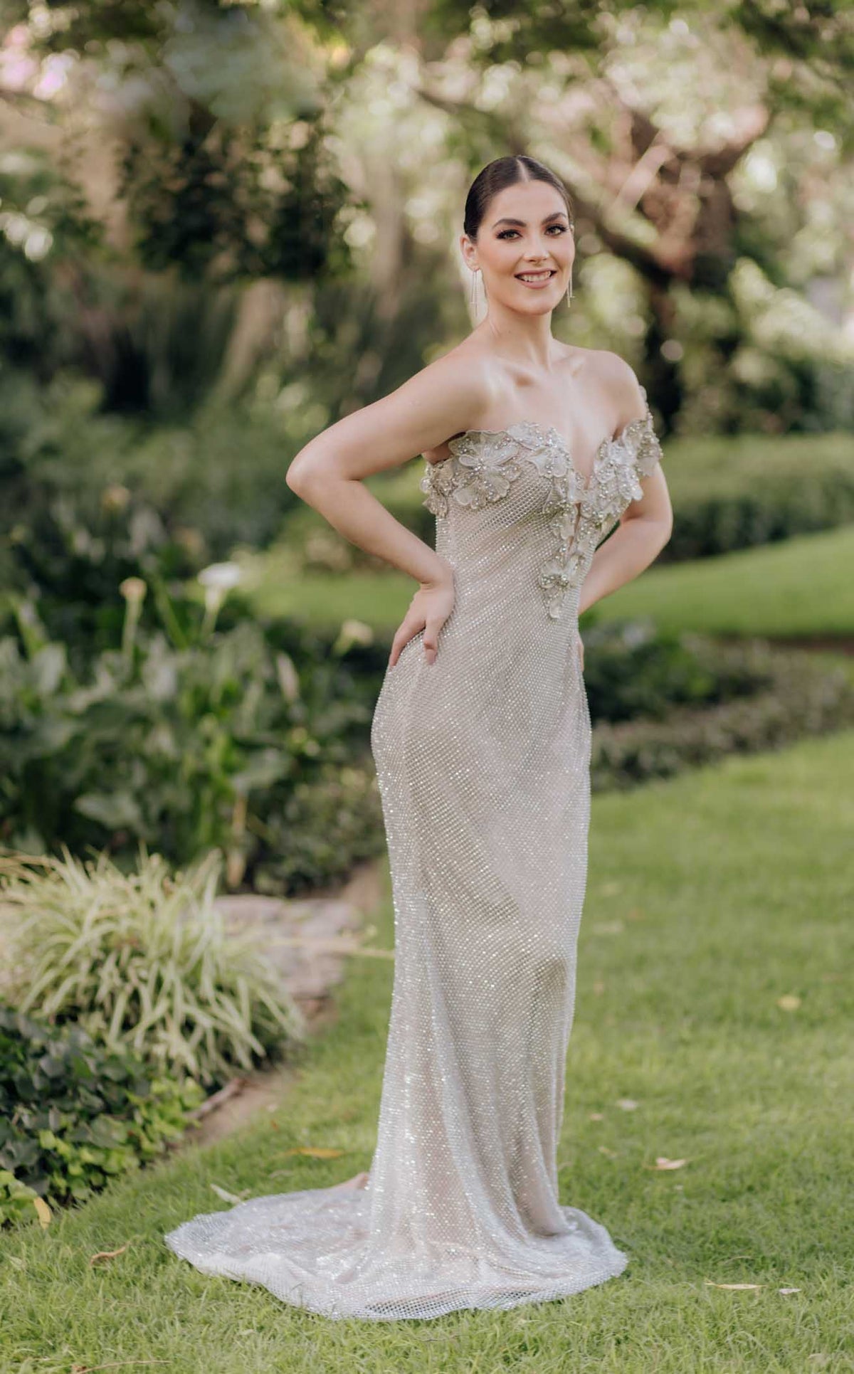 Prom Dresses Long Mermaid Formal Prom 3D Floral Dress Silver Nude