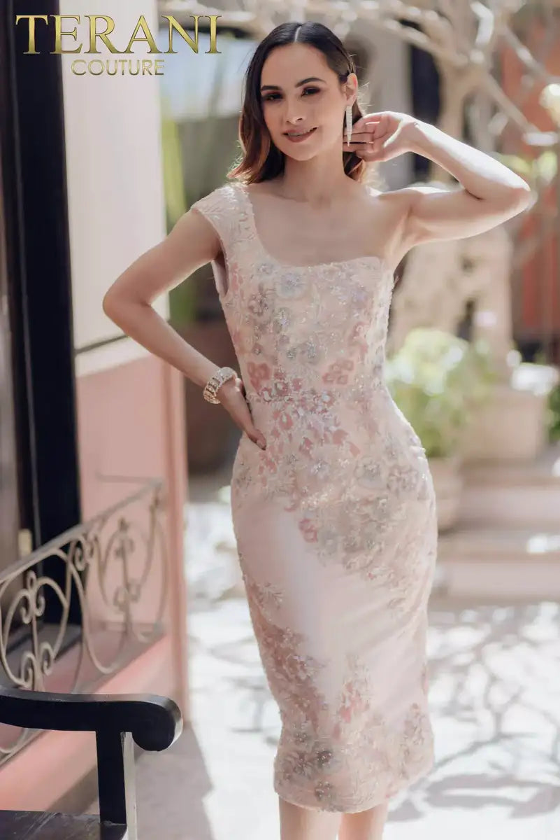 Cocktail Dresses Short Cocktail Beaded Sequin Knee Length Dress Blush