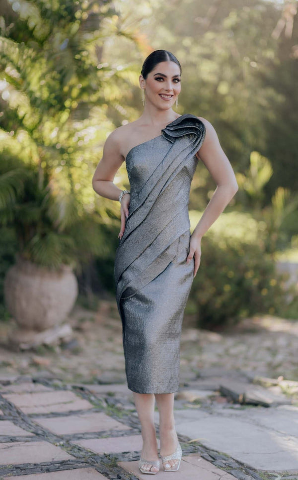 Terani Couture 232C1138 Short Cocktail Tea Length Metallic Dress