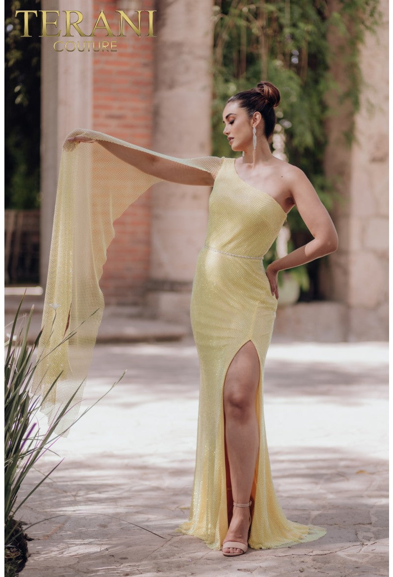 Terani Couture 232E1209 Long Cape Formal Prom Dress