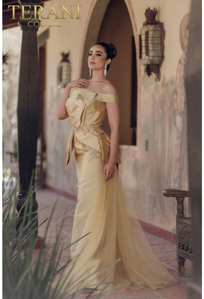 Gold Terani Couture 232E1241 Long Mermaid Formal Prom Overskirt Dress for $660.0 – The Dress Outlet