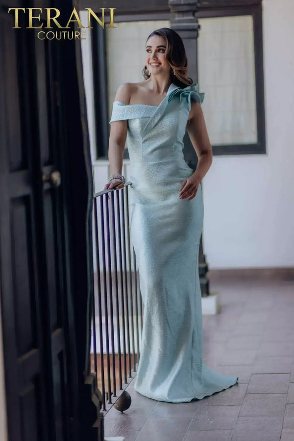 Terani Couture 232E1298 Long Pleated Formal Prom Evening Dress