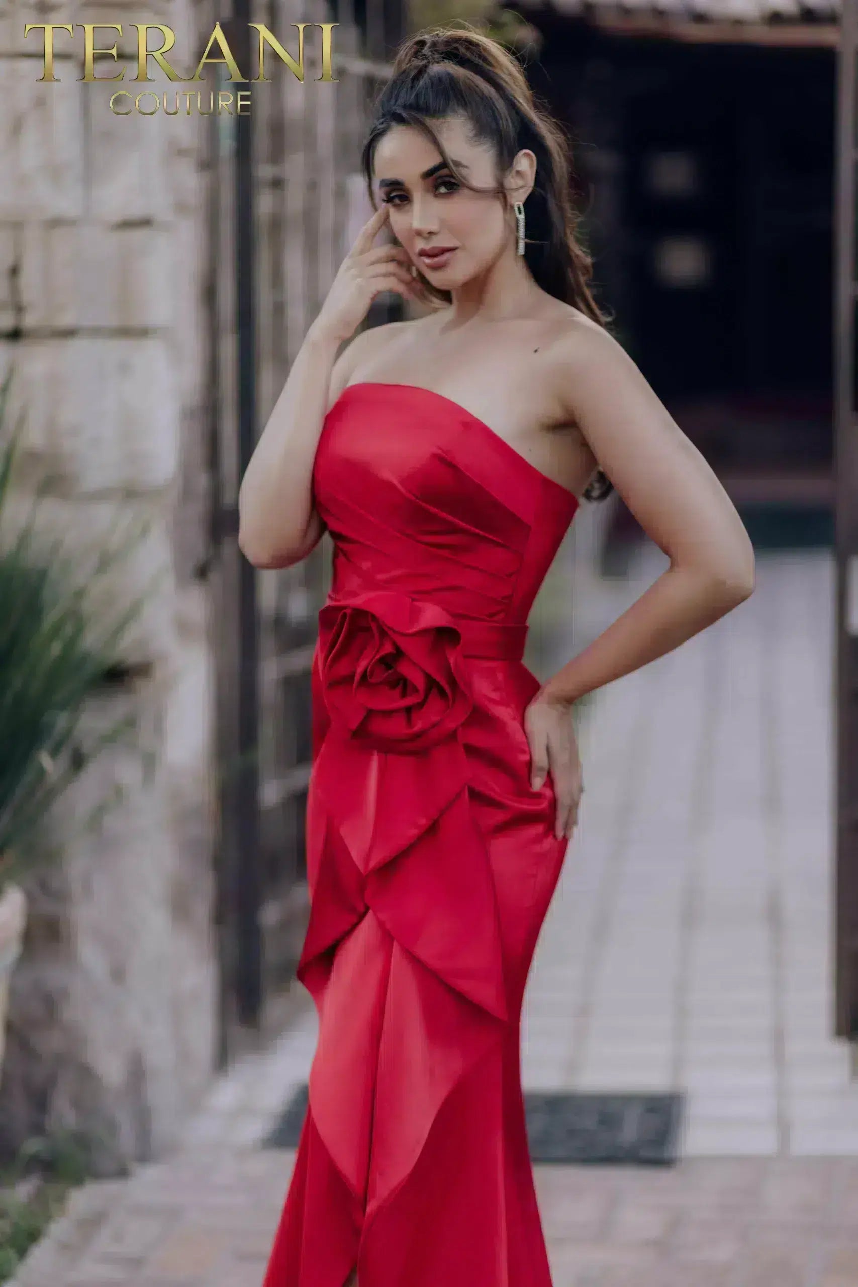 Formal Dresses Long 3D Flower Formal Prom Ruffle Dress Red
