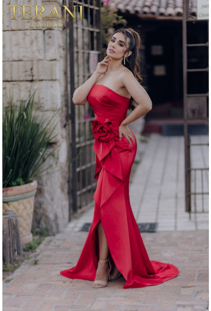 Formal Dresses Long 3D Flower Formal Prom Ruffle Dress Red