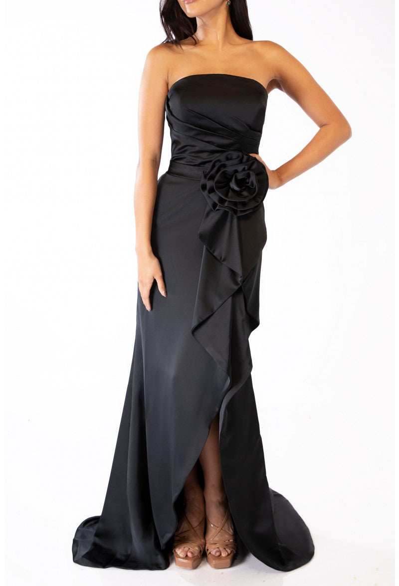 Formal Dresses Long 3D Flower Formal Prom Ruffle Dress Black