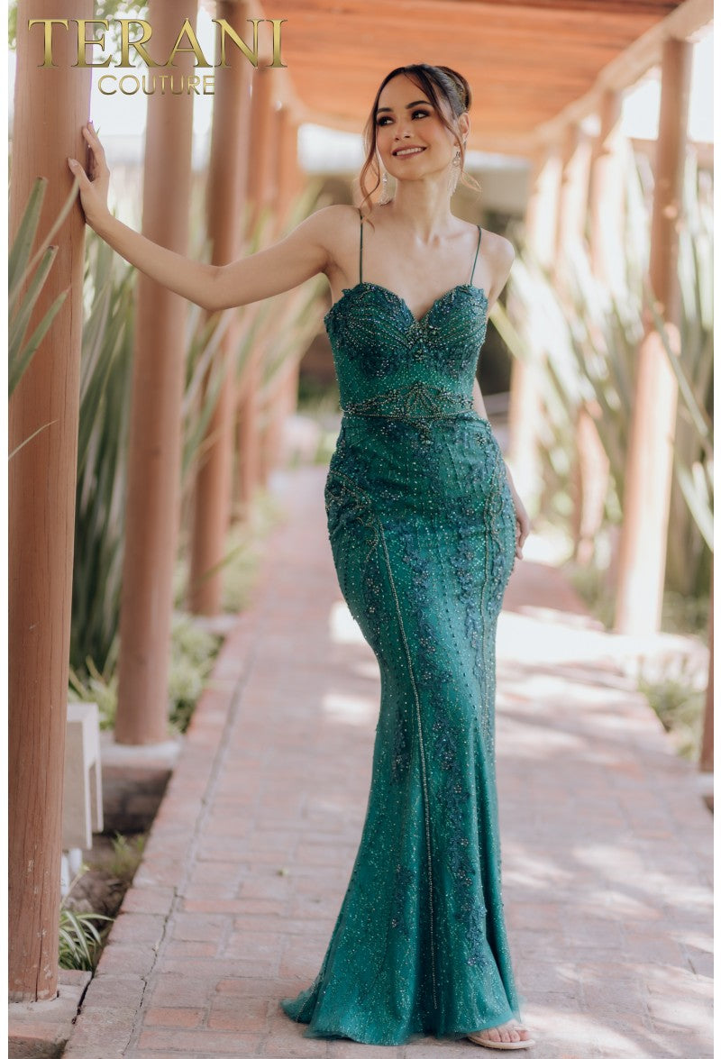 Prom Dresses Long Beaded Formal Prom Fitted Dress Emerald