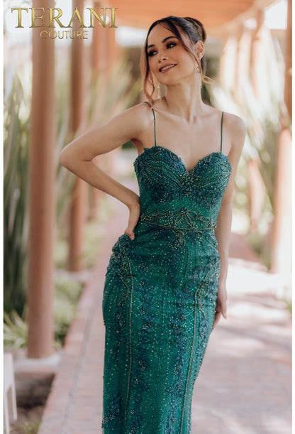 Prom Dresses Long Beaded Formal Prom Fitted Dress Emerald