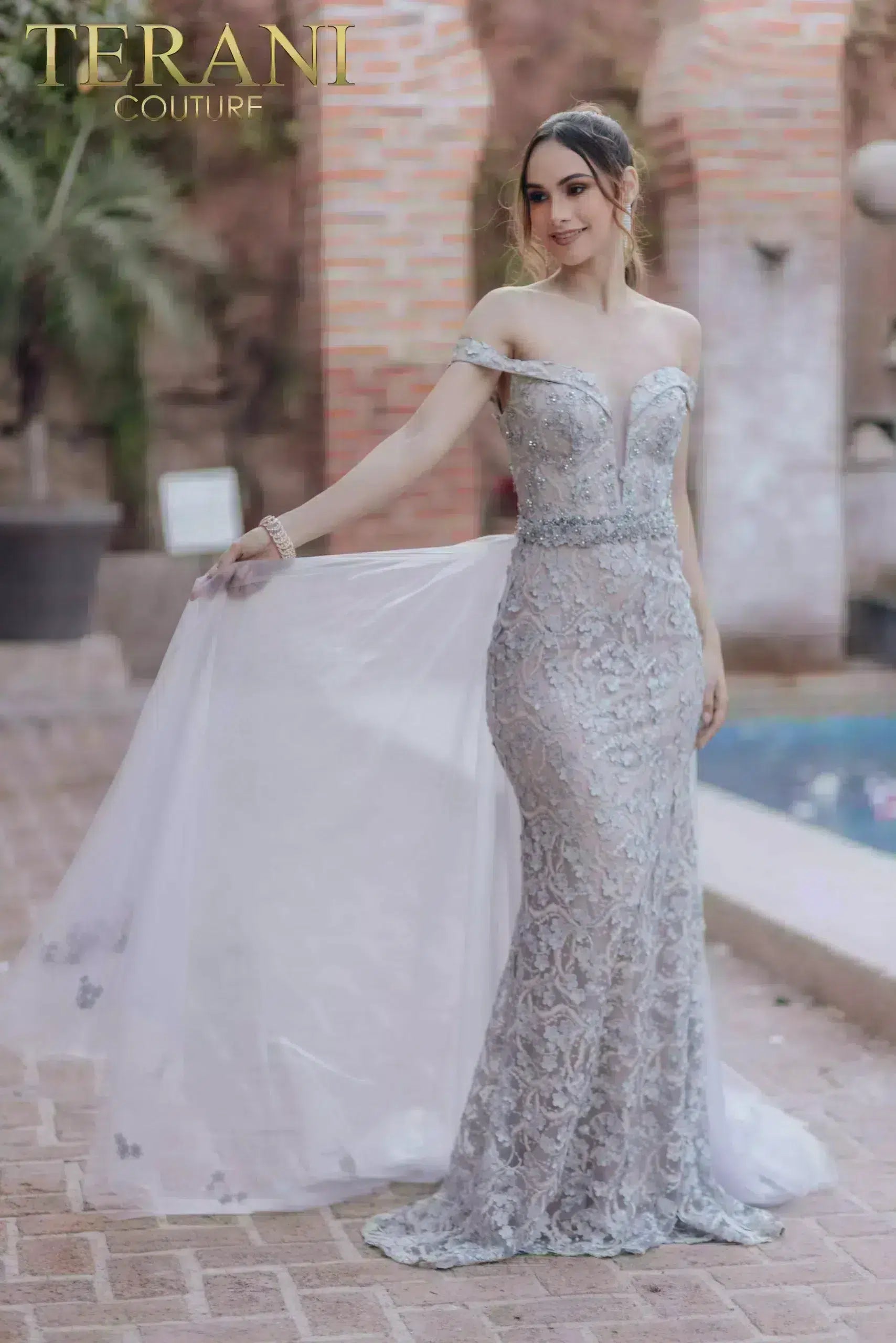 Prom Dresses Long Beaded Formal Prom Overskirt Dress Silver