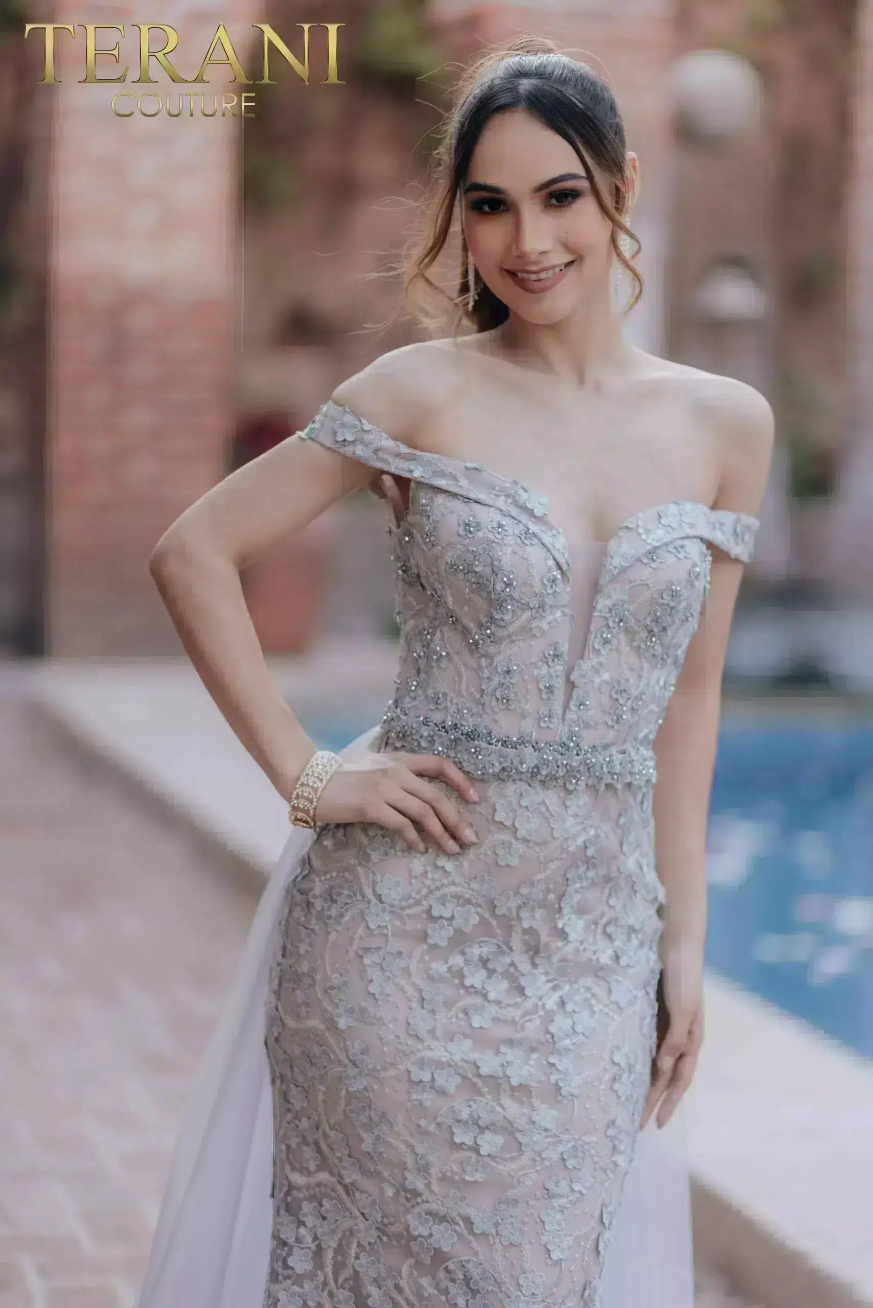 Prom Dresses Long Beaded Formal Prom Overskirt Dress Silver
