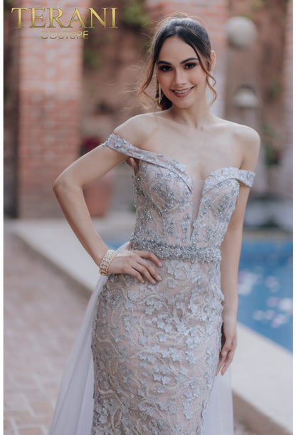 Prom Dresses Long Beaded Formal Prom Overskirt Dress Silver