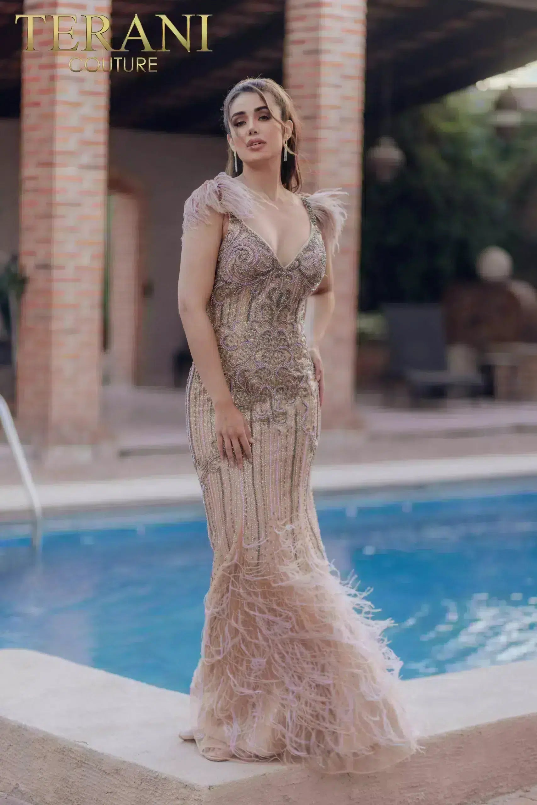 Prom Dresses Long Beaded Formal Prom Feather Dress Taupe Lavender