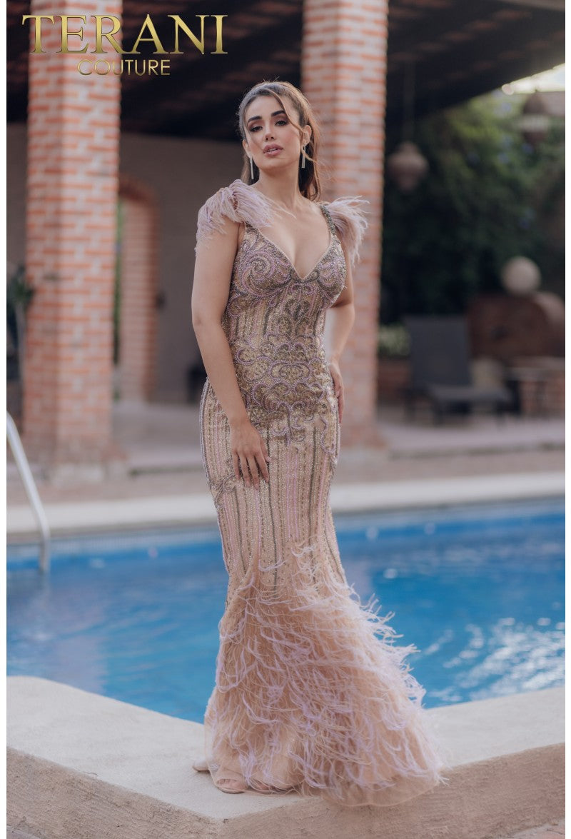 Terani Couture 232GL1425 Long Beaded Formal Prom Evening Dress