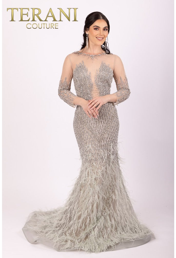 Terani Couture 232GL1437 Long Sleeve Mermaid Beaded Formal Dress