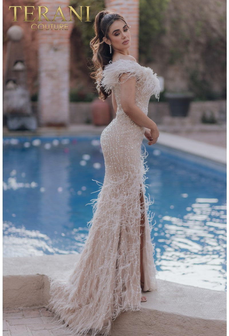 Terani Couture 232GL1438 Long Formal Prom Feather Dress