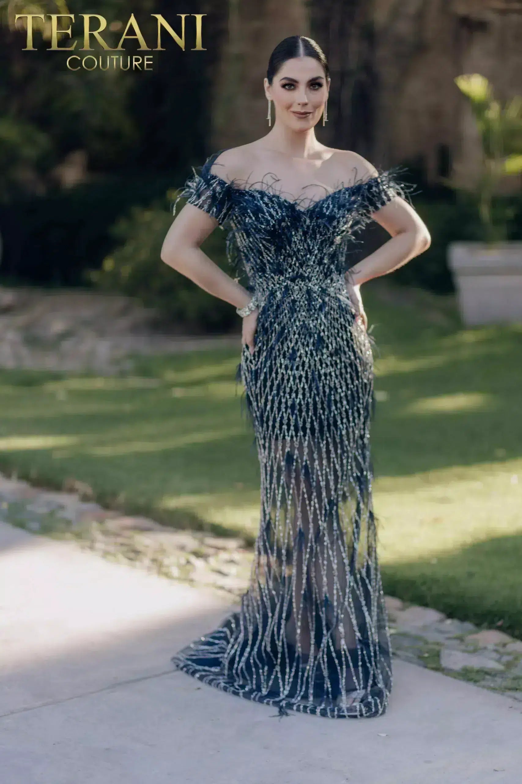 Prom Dresses Long Feather Beaded Formal Prom  Dress Navy