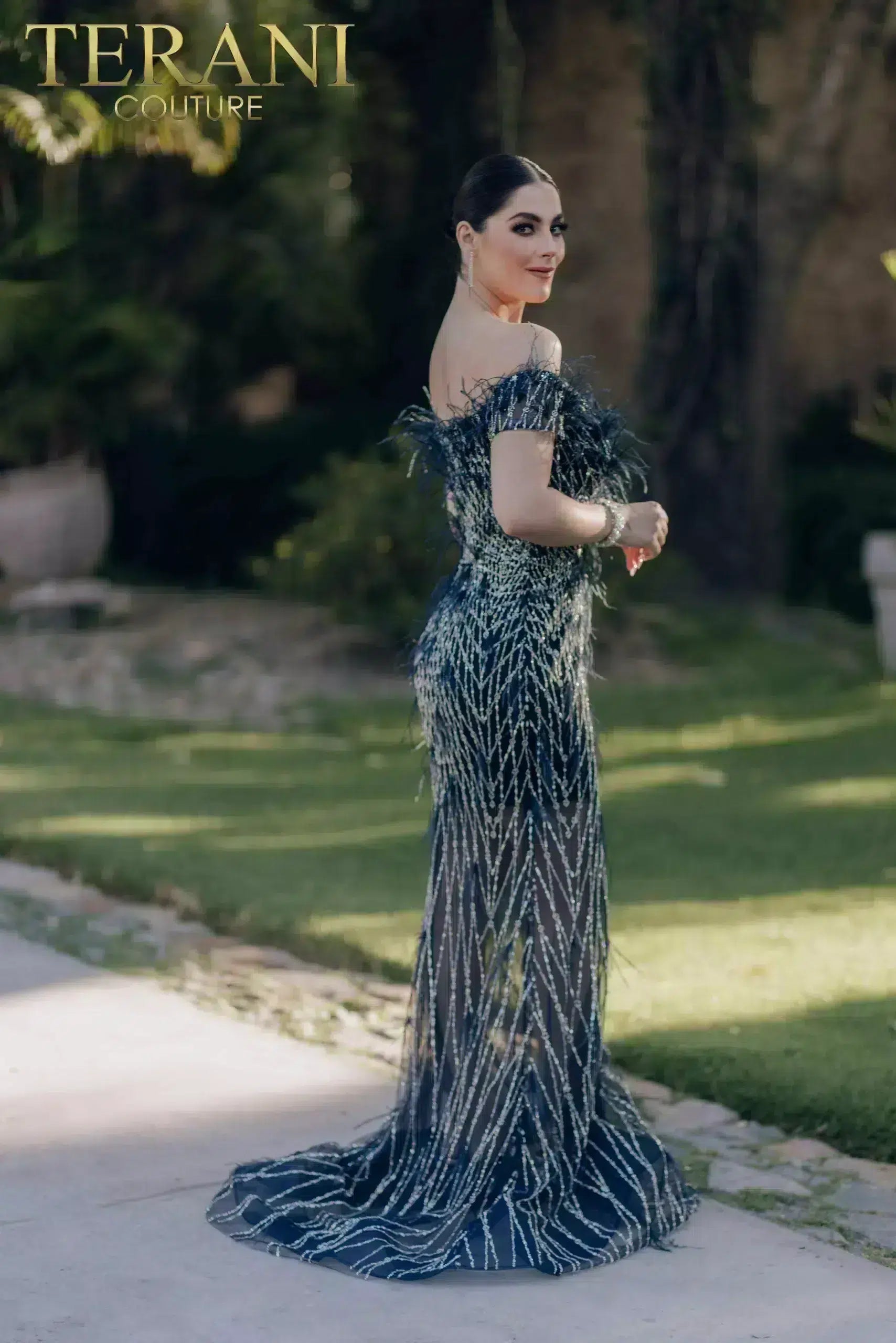 Prom Dresses Long Feather Beaded Formal Prom  Dress Navy