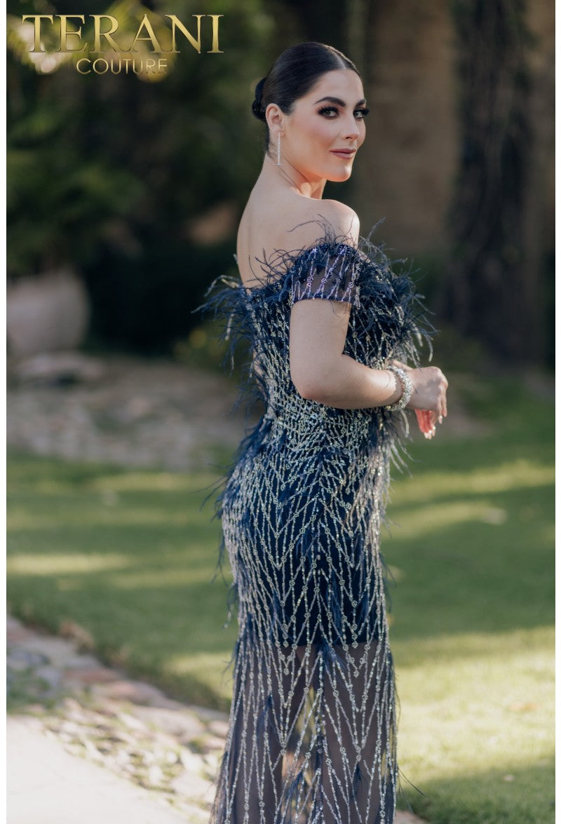 Terani Couture 232GL1439 Long Feather Beaded Formal Prom Dress