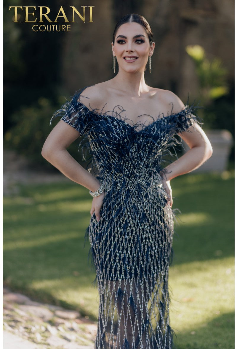 Terani Couture 232GL1439 Long Feather Beaded Formal Prom Dress