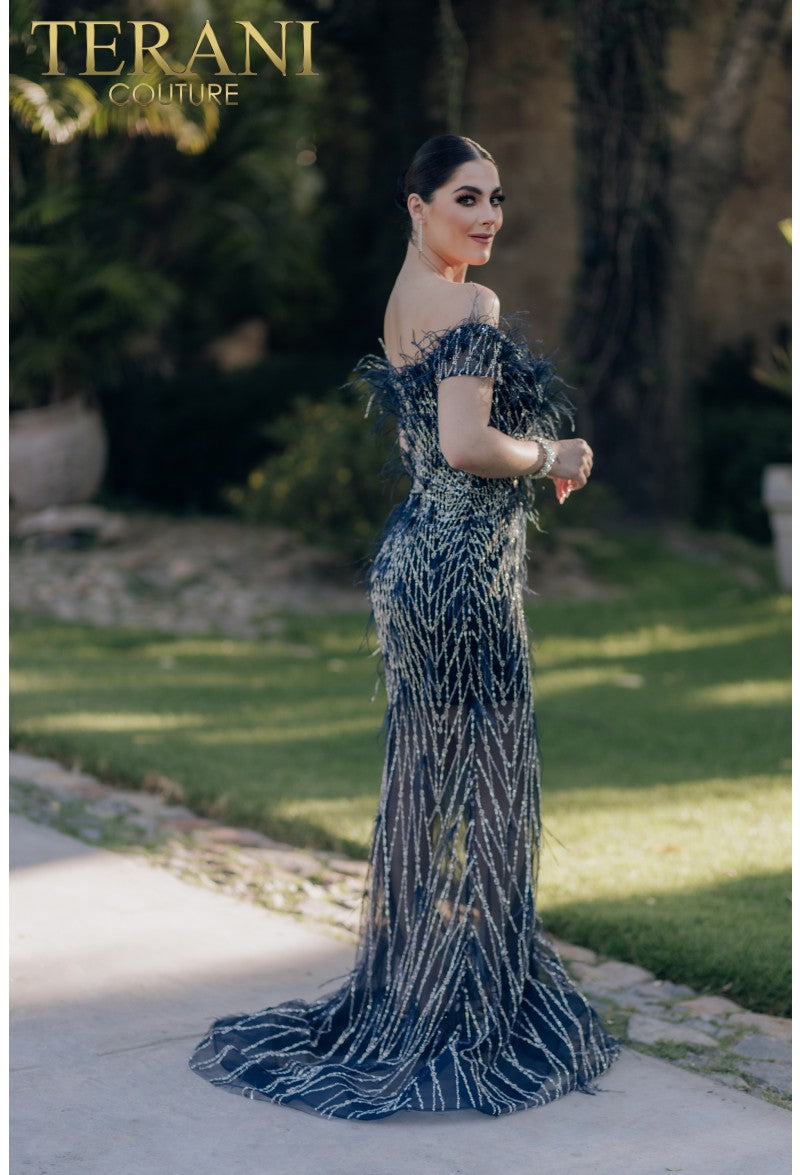 Terani Couture 232GL1439 Long Feather Beaded Formal Prom Dress