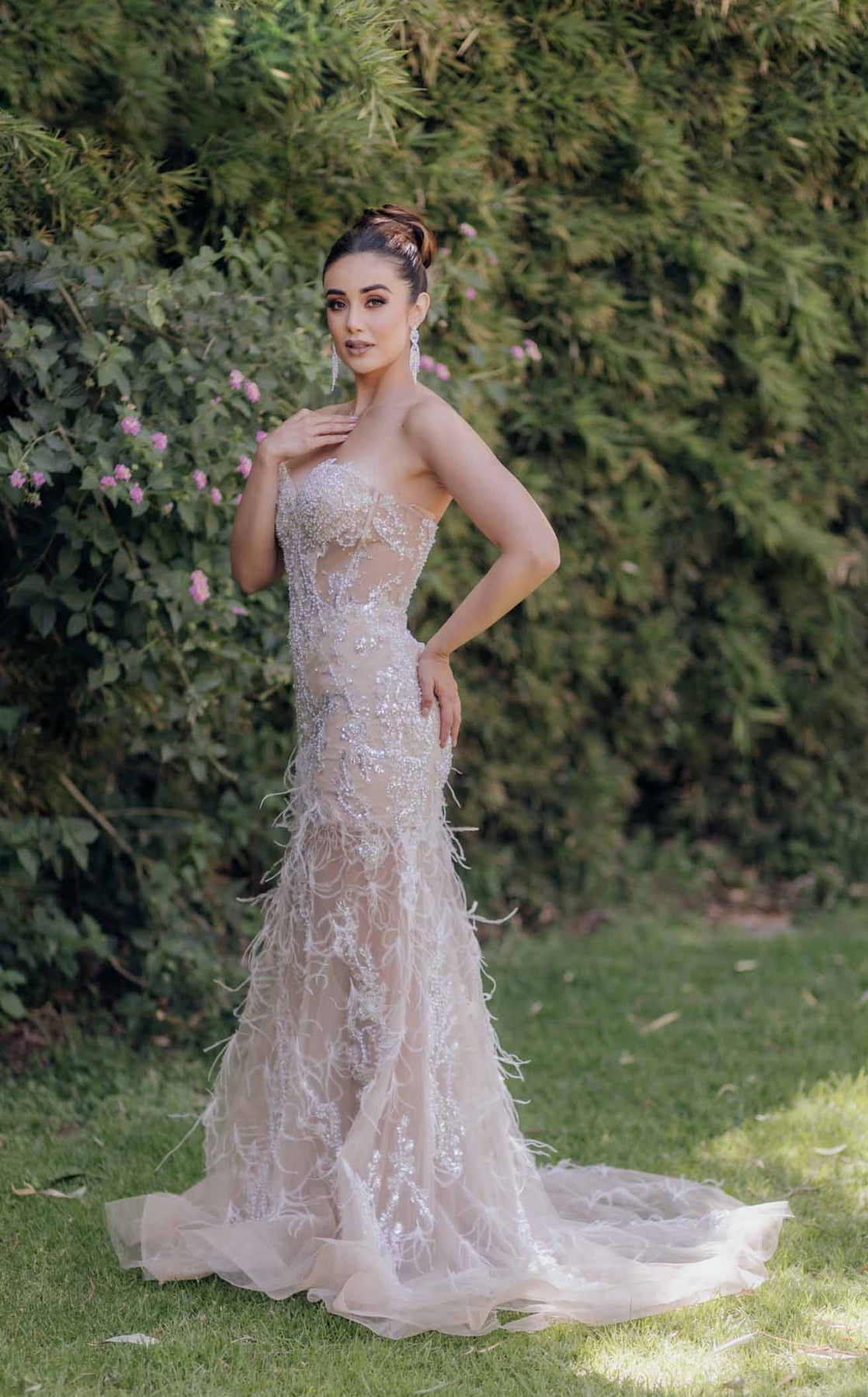 Prom Dresses Long Beaded Formal Prom Trumpet Dress Ivory Nude