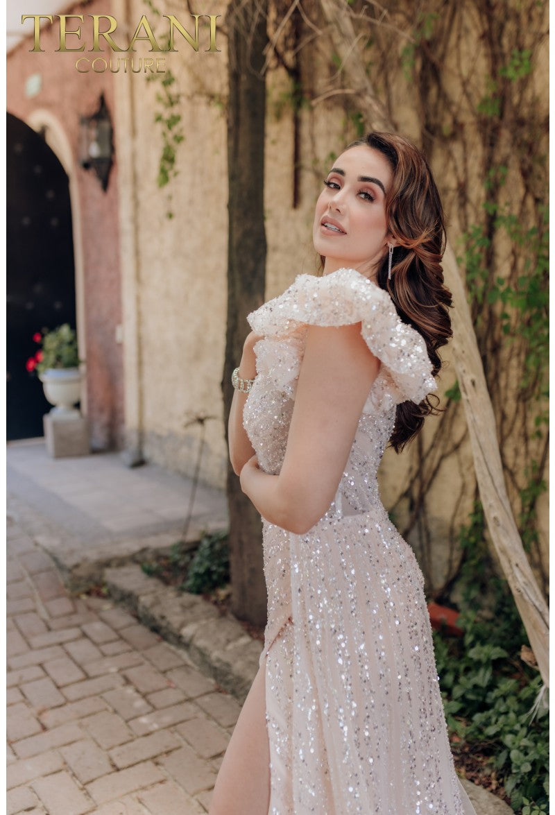 Terani Couture 232GL1479 Long Formal Prom Sequin Ruffle Dress