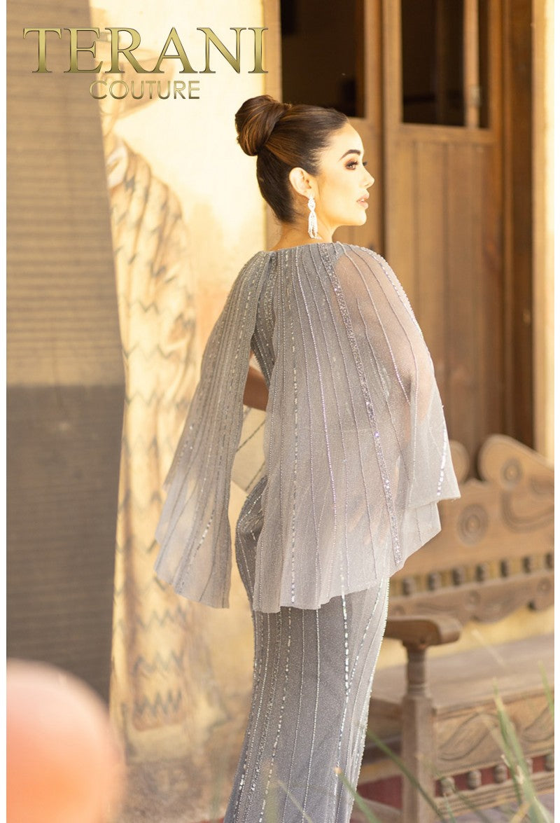 Terani Couture 232M1501 Long Mother of the Bride Beaded Cape Dress