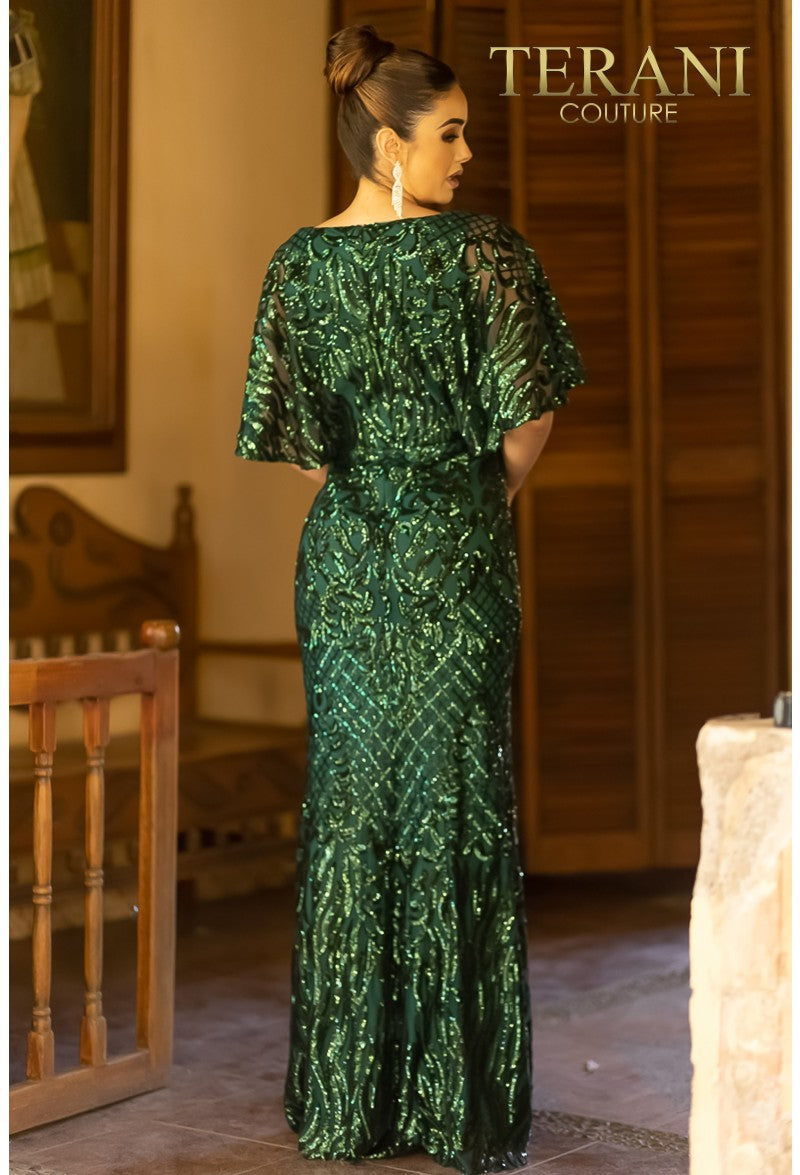 Terani Couture 232M1516 Long Mother of the Bride Sequin Cape Dress