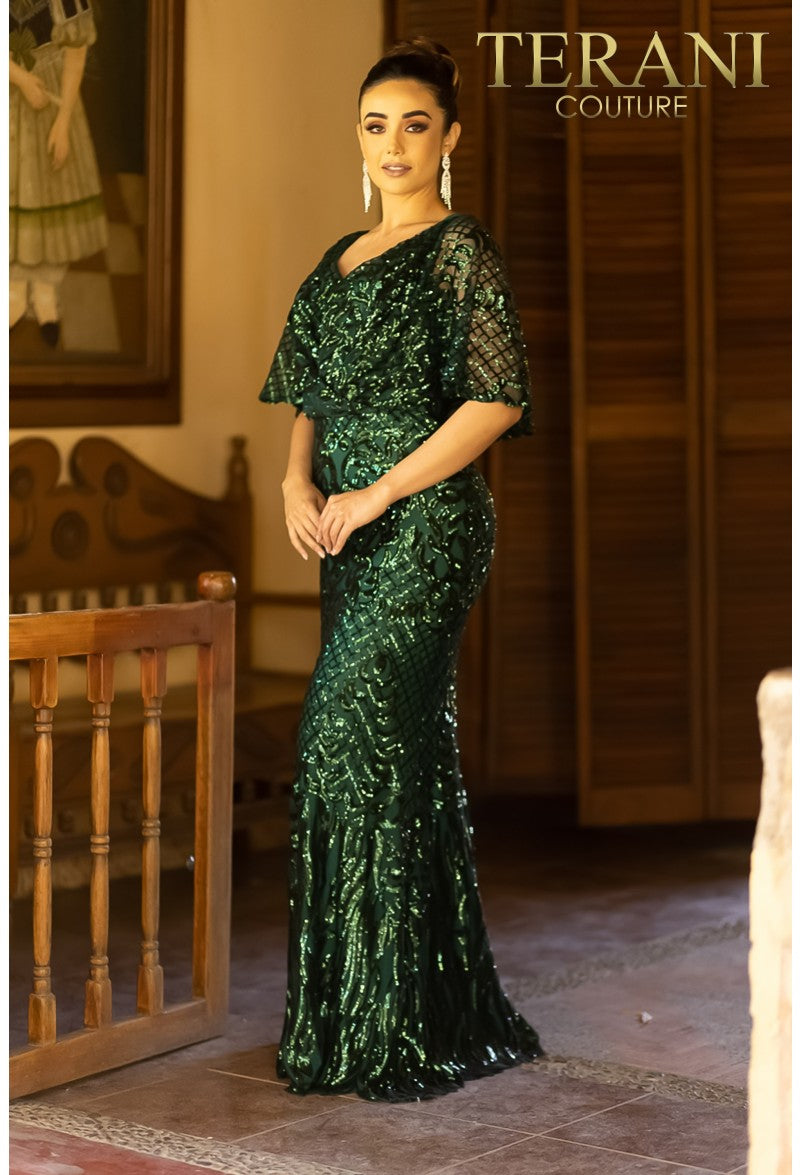 Mother of the Bride Dresses Long Mother of the Bride Sequin Cape Dress Emerald