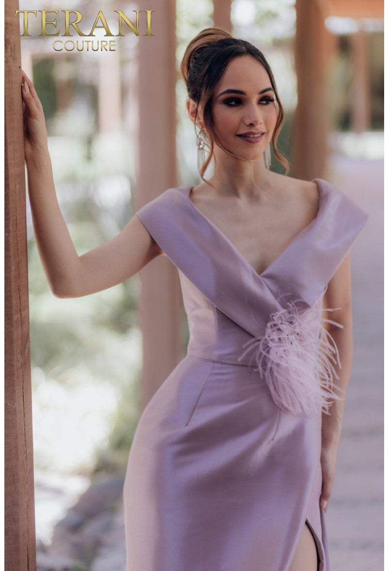 Terani Couture 232M1534 Long Formal Overskirt Feather Dress