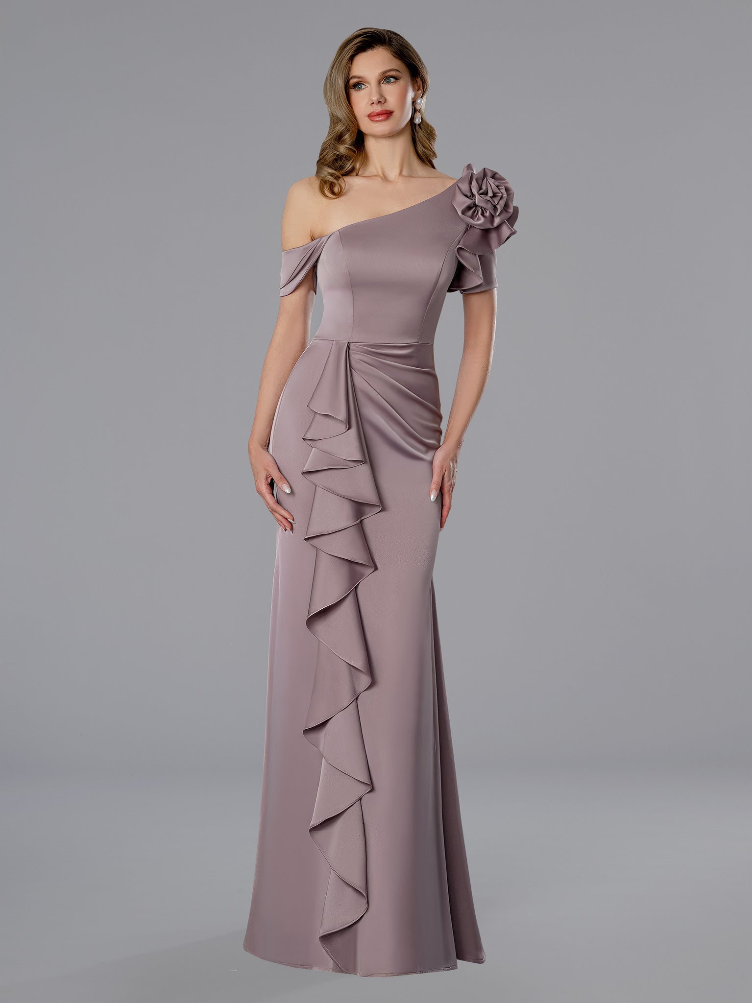 Mother of the Bride Dresses Long Formal Mother of the Bride Dress - 3D Floral Ruffle - Stella Couture 25360 Rose-Satin-25360-Ruffle
