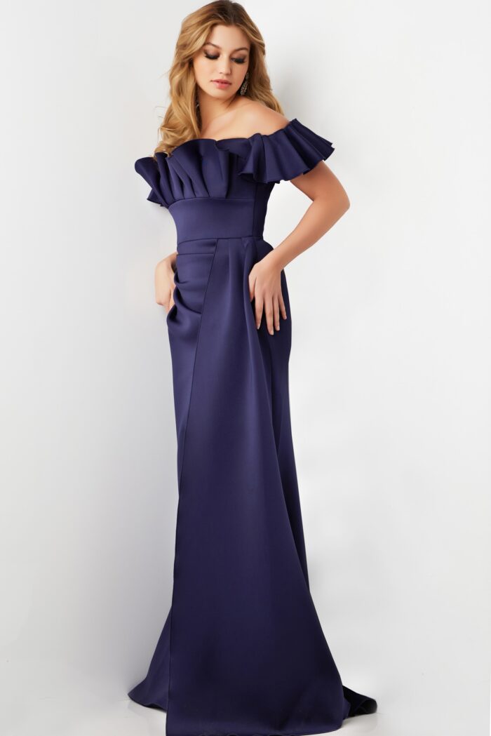 Formal Dresses Long Ruffle Slit Formal Dress Navy
