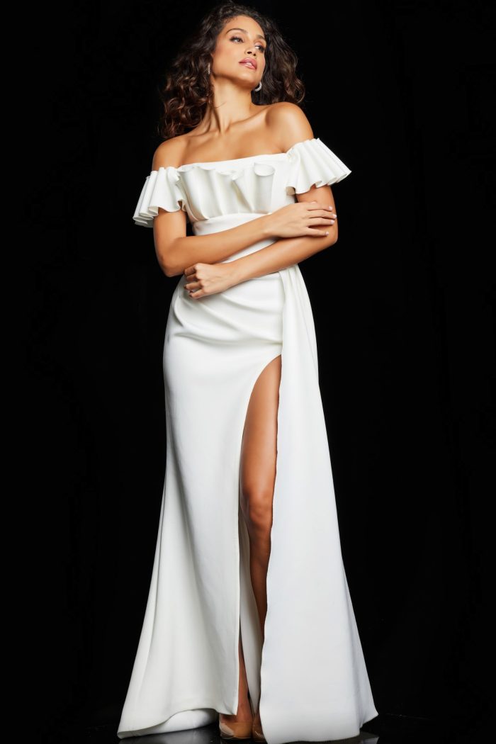 Formal Dresses Long Ruffle Slit Formal Dress White