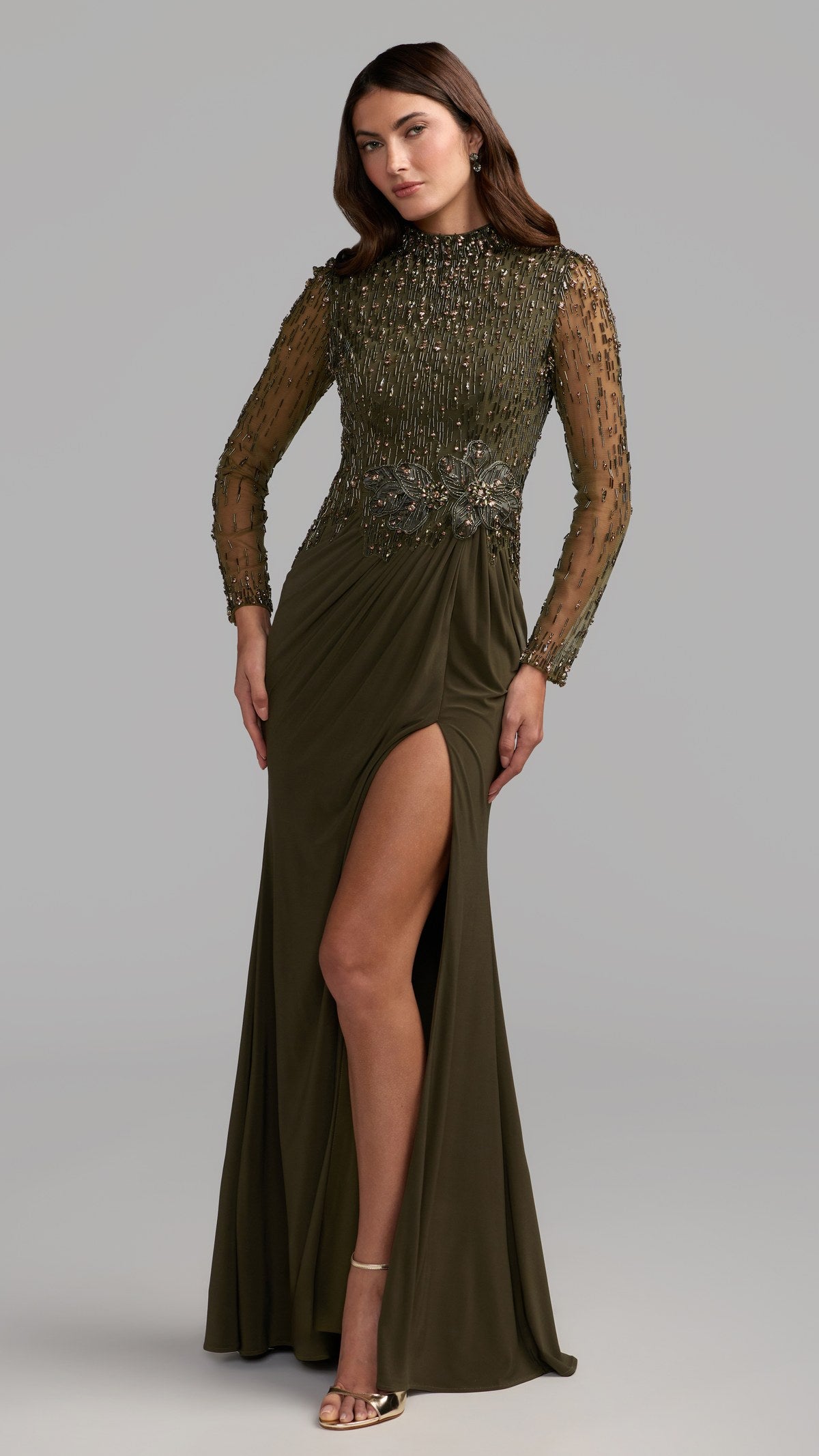 Mac Duggal style 2341 in Olive, front view