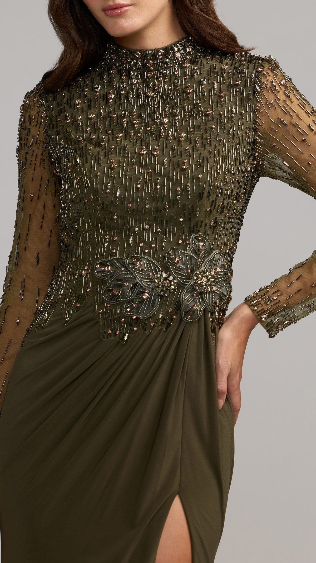 Mac Duggal style 2341 in Olive, detail view