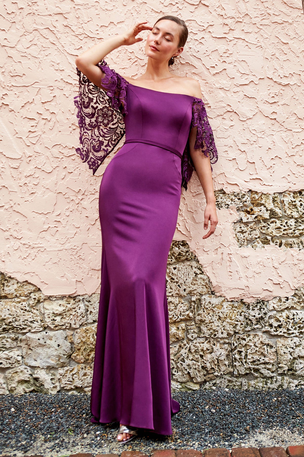 Formal Dresses Long Formal Fitted Lace Evening Dress Eggplant