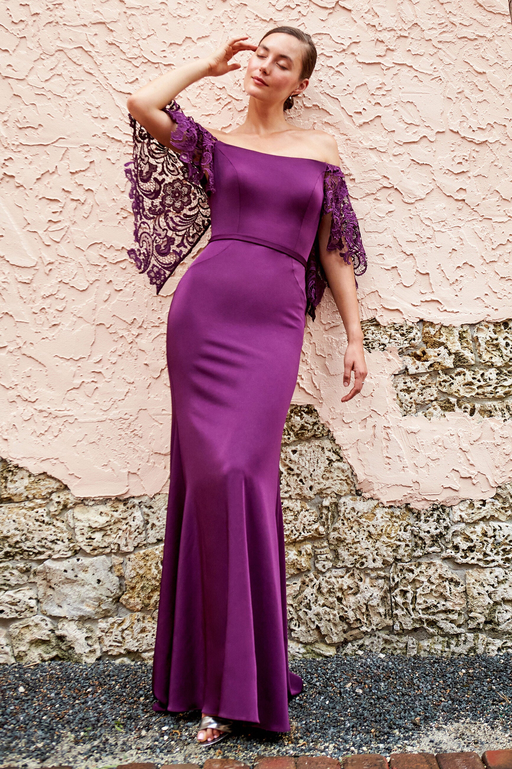 Formal Dresses Long Formal Fitted Lace Evening Dress Eggplant