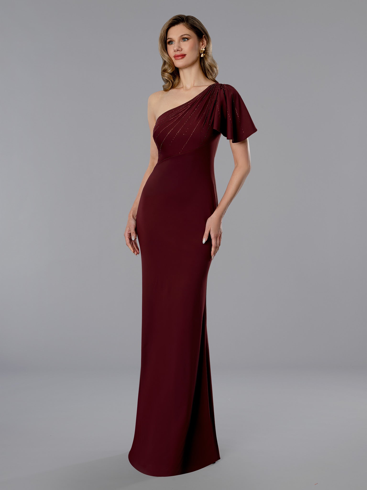 Formal Dresses Long Mother Of The Bride Beaded Formal Dress Wine-Crepe-25358-Fitted