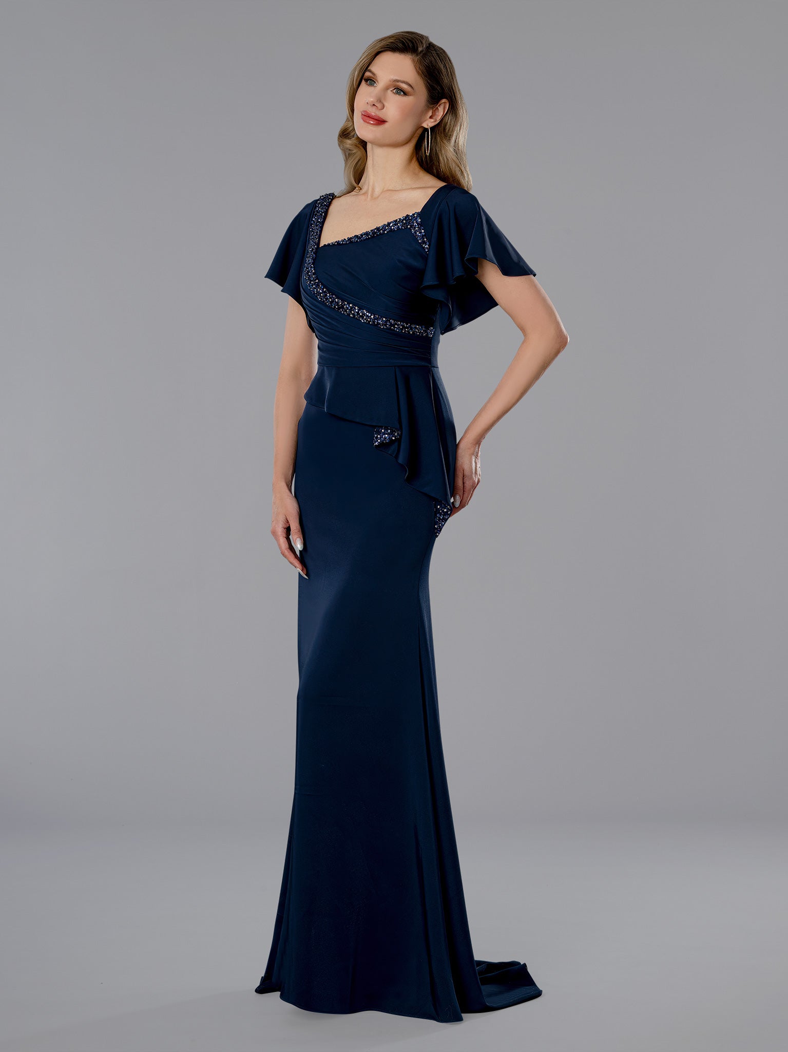 Mother of the Bride Dresses Fitted Long Formal Ruffle Beaded Mother of the Bride Dress Stella Couture 25352 Navy